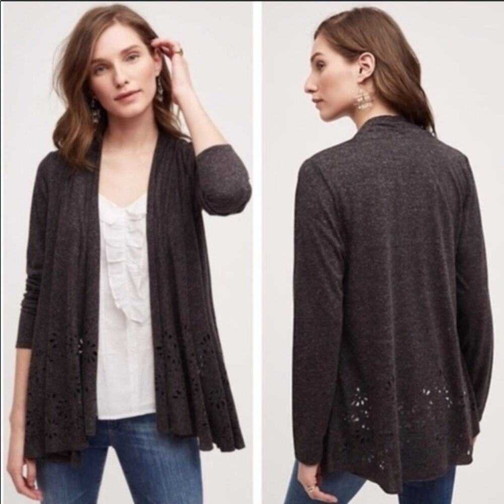Anthropologie Meadow Rue Laser Verna Floral Cutout Charcoal Gray Cardigan